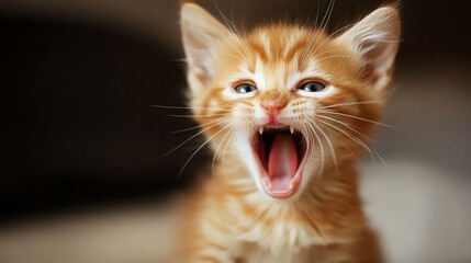 Wall Mural - A ginger kitten with green eyes yawns widely.