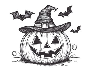 halloween pumpkin with witch hat, celebrating halloween, perfect for a children's coloring book