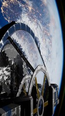 Wall Mural - modern laboratory constructed from metal and glass, resembling a spacecraft, rotating in orbit around the planet. elements furnished by nasa, vertical