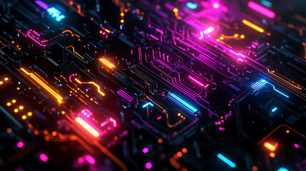 Aufkleber - Abstract glowing circuit board with neon lights in pink, blue and orange.