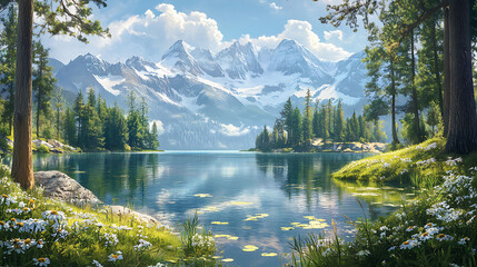 Wall Mural - A picturesque scene of a serene mountain lake, surrounded by lush greenery and majestic snow-capped peaks, under a clear blue sky.