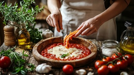 Over an antique wooden table, a woman prepares homemade pasta with cheese and tomato sauce. Tomato, olive oil, cheese, herbs, spices, and tomato sauce under the summer sun on a worn wooden table.