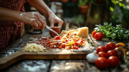 Over an antique wooden table, a woman prepares homemade pasta with cheese and tomato sauce. Tomato, olive oil, cheese, herbs, spices, and tomato sauce under the summer sun on a worn wooden table.