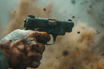 Soldier in Combat Firing Gun with Recoiling Casings and Smoke Backdrop