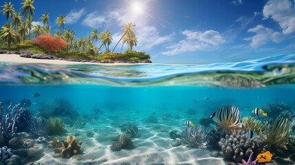 Wall Mural - Tropical beach and coral reef fish underwater