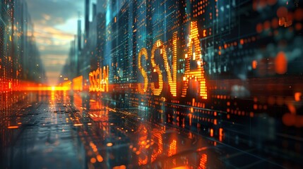 Wall Mural - Futuristic financial data visualized on digital cityscape with glowing orange holographic numbers graphs, reflects technological advancements in global finance and stock markets.