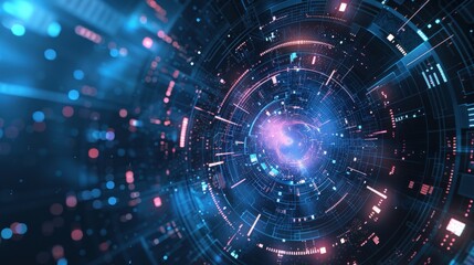 Poster - Abstract futuristic data vortex with glowing neon lights, representing digital connectivity, information flow, and advanced technology in cyber world. Blue pink colors create dynamic visual effect.