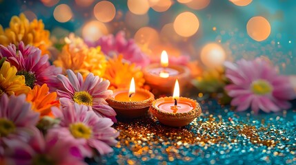 Vibrant Diwali with Candles Flowers and Glittering Decor