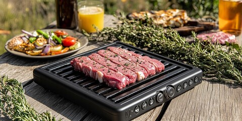 A close-up shot of a black electric grill with seasoned steak on the grates, ready to be cooked outdoors on a wooden table, surrounded by fresh herbs and other grilling ingredients.