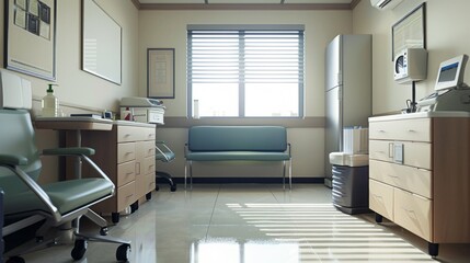 Poster - A hospital room with a green chair and a blue bench