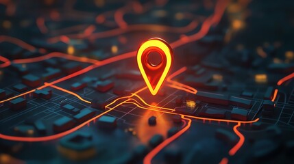 A glowing orange location pin on a digital map with bright orange lines.