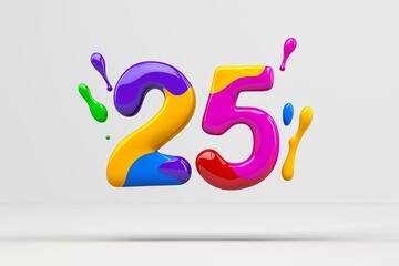 Poster - The number 25 is in red and yellow. It is surrounded by a splash of paint. number 25 composed of colored paint, dynamic splash, floating on pure white background, minimalist, 3d rendering