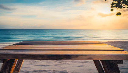 Empty table at the beach with copy space background