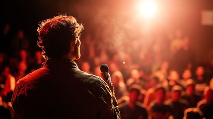 A man in silhouette gives a presentation to a large audience.