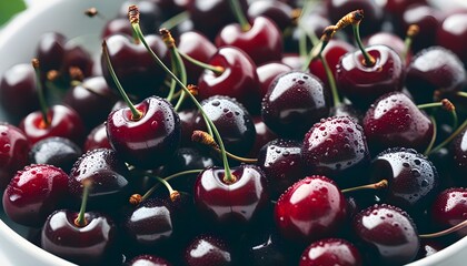 Wall Mural - Surreal closeup of luscious, deep red cherries against an orchard backdrop, highlighting their sweet essence and summer fruit allure.