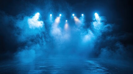 Canvas Print - Blue Spotlights on Empty Stage in Dark Environment