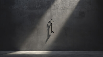 Poster - A minimalist industrial key hangs on plain concrete wall, illuminated by soft light creating dramatic shadows. This striking image evokes sense of mystery and simplicity
