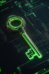 Poster - A futuristic mechanical key glowing with neon green lines, set against dark, high tech background. This image evokes sense of innovation and advanced technology