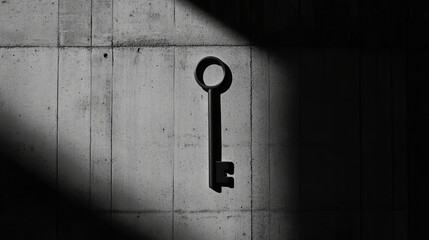 Poster - A minimalistic black and white photo featuring sleek key silhouette against textured concrete wall, evoking sense of mystery and intrigue