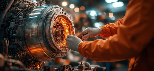 Worker in orange jumpsuit installing industrial part in factory.