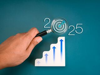 Poster - 2025 happy new year with business growth, marketing trends, goal and success, financial concept. 3d 