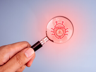 Bug tracking, email spam and virus computer, internet security concept. The big red bug icon with warning sign on network grid pattern, focused in magnifying glass lens holding by hand, minimal style.