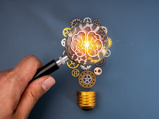 Aufkleber - AI Innovative technology, solution, creative, inspiration tools service concept. Digital brain icon in magnifier lens on many mechanic gears and cogwheels arrange as a light bulb, blue background.
