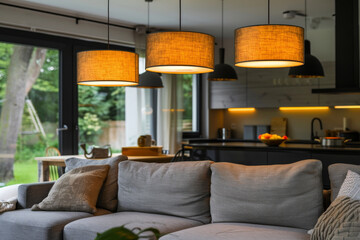 A cozy living room featuring comfortable gray sofa, illuminated by stylish pendant lights. modern kitchen in background adds touch of elegance to inviting space