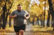 © AIGen - Overweight Man Running in Park. Fitness Lifestyle Concept for Adult with Blurred Background