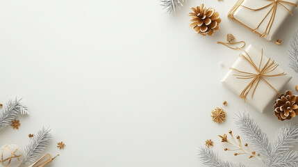 elegant christmas decorations featuring white gifts adorned with gold ribbons, pine cones, and festi