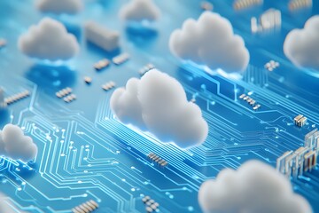 A banner featuring white clouds on a blue digital circuit board background