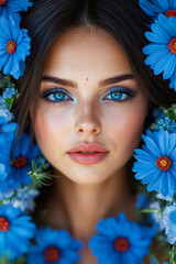 Wall Mural - A woman with blue flowers in her hair