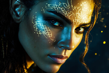 Sticker - A woman with a face painted with gold and blue lights