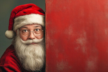 Poster - A man in a santa claus hat peeking out from behind a red wall