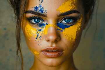 Canvas Print - A woman with yellow and blue paint on her face