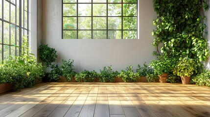 Wall Mural - Empty Room with Wooden Floor and Lush Greenery