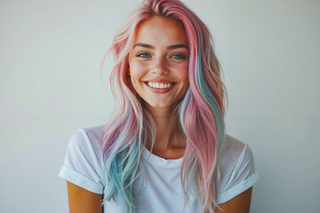 Sticker - A woman with pink and blue hair smiling at the camera