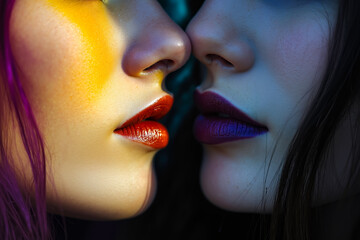 Poster - A close up of two women kissing each other with bright makeup