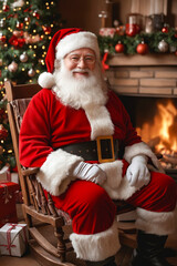 Sticker - A man dressed as Santa Claus sitting in a rocking chair in front of a fireplace