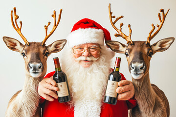 Poster - A man in a santa claus outfit holding two bottles of wine with two reindeer