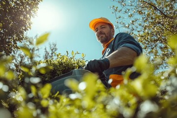 gardener pushing wheelbarrow full of plants in sunny garden