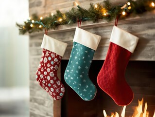 Rustic Christmas stockings hung on a fireplace, with glowing fairy lights and a vintage holiday ambiance, Vintage, Watercolor, Warm and Inviting