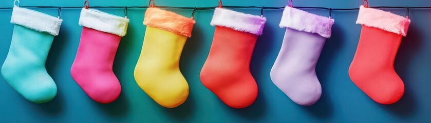 Poster - Pop artstyle Christmas stockings with exaggerated colors, glowing in bright neon lights, Pop Art, Neon, Bold Colors