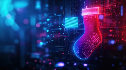 Wall Mural - neonlit christmas stockings in a hightech city, glowing with vibrant blue and purple lights, scifi, 
