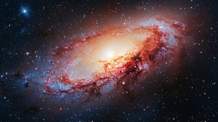bright core and star-rich spiral arms of a galaxy illuminated in dominant red and blue hues, showing