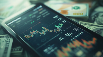 Poster - A cell phone with a graph on it and a stack of money