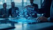 © taweesak - Business professionals discussing a marketing strategy around a holographic table, floating data, futuristic tech, sleek corporate setting, digital painting