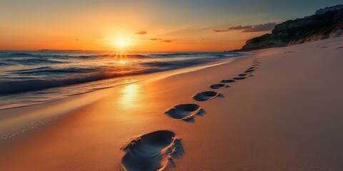 Poster - Tranquil Footprints in the Soft Sand at Sunset