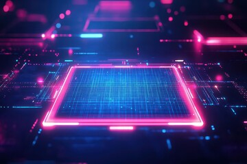 Aufkleber - Abstract glowing square grid, dark blue background, neon accents, futuristic design, 3D rendering, hightech, digital art