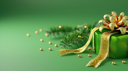 Poster - A festive green gift box adorned with a golden ribbon and pinecone, surrounded by decorative beads and evergreen foliage.